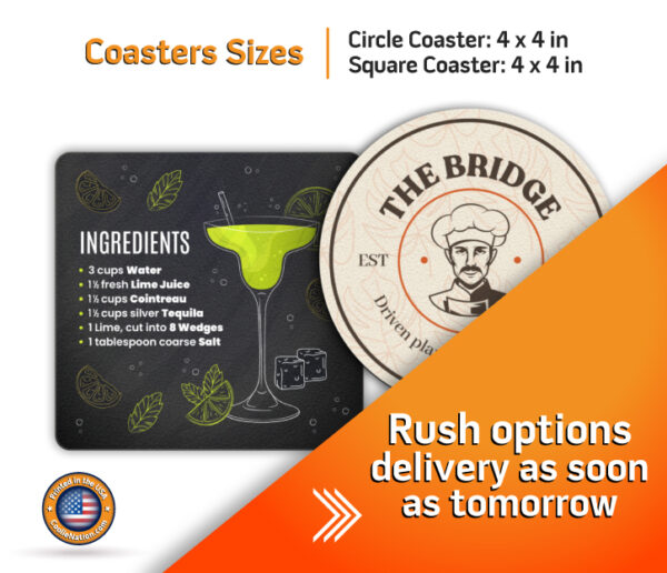 Custom square and circle coasters with personalized designs