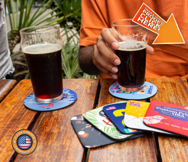 Custom coasters with a cold beer placed above them