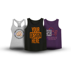 Three personalized tank tops with custom designs and slogans