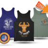 Three custom tank tops with "rooting for you" and business logo designs