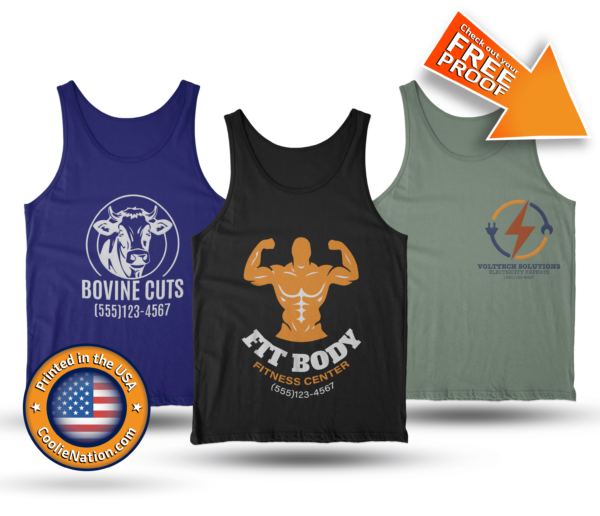 Three custom tank tops with "rooting for you" and business logo designs