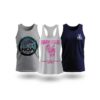 Three personalized tank tops with custom designs and slogans