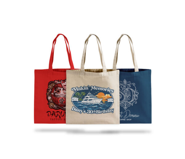 Personalized tote bags with three distinct designs