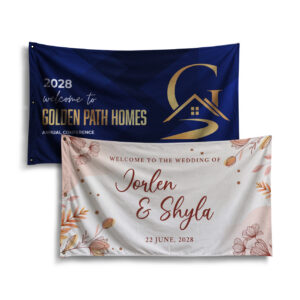 Two custom CoolieNation banners: a navy Golden Path Homes conference banner and a floral wedding banner for Jorlen and Shyla.