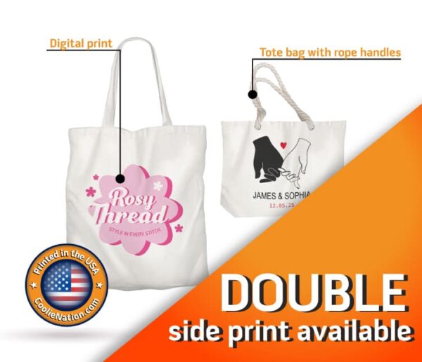 Two custom tote bags, one with a business design and the other with a wedding design