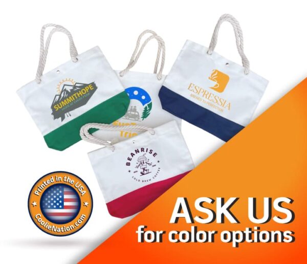 A selection of custom tote bags in various colors