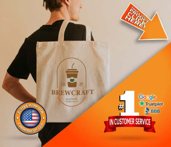 Custom coffee logo tote bag carried by a woman