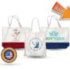 Three custom tote bags with elegant wedding and professional business designs
