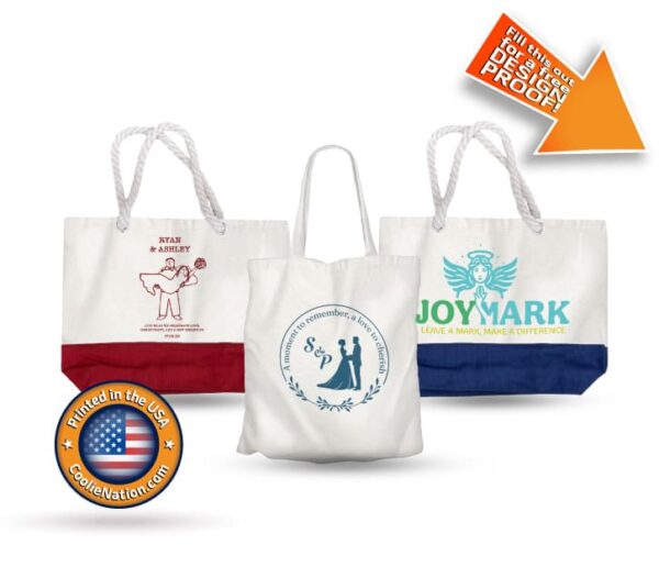 Three custom tote bags with elegant wedding and professional business designs