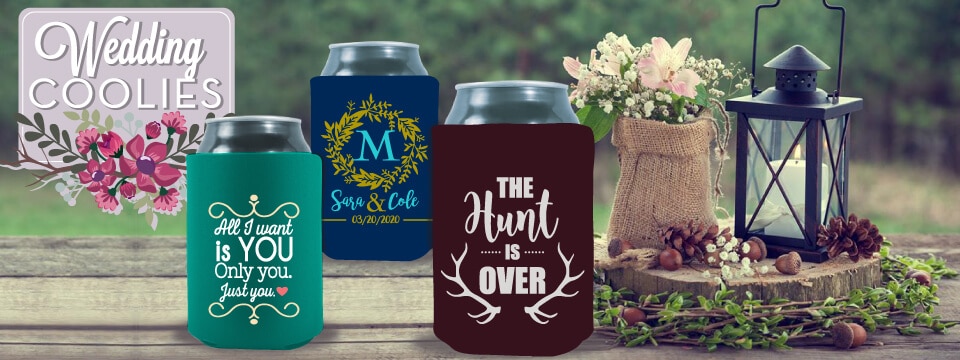 custom wedding koozies for guests with wedding details