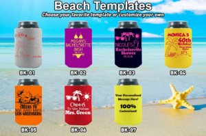 a collage of can coolers on a beach