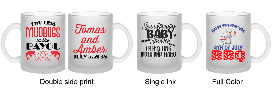 Custom frosted mug with full-color print example, perfect for gifts and business