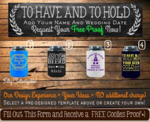 Several personalized wedding koozies with custom designs