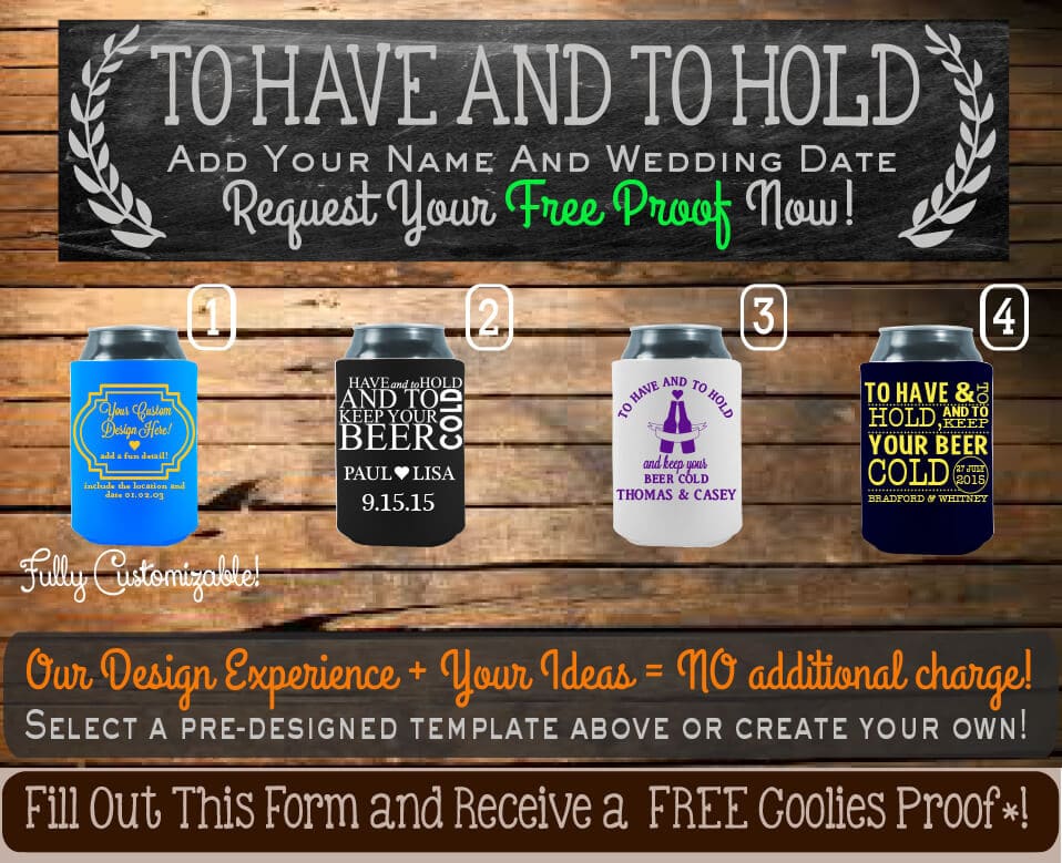Several personalized wedding koozies with custom designs