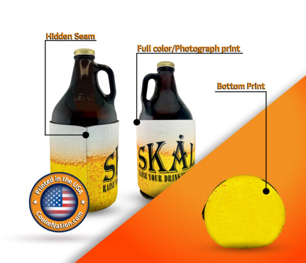 Growler koozie showing different print areas for full customization options