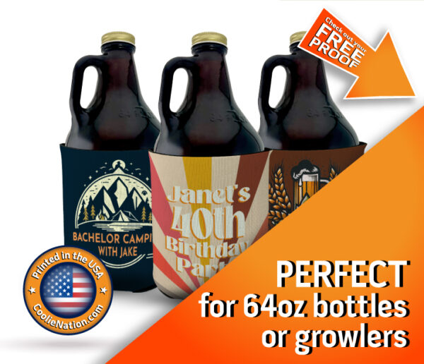 Three custom growler koozies with birthday and bachelor party designs