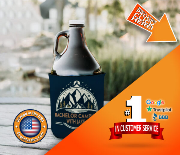 Custom growler koozie with a fun camp bachelor party design