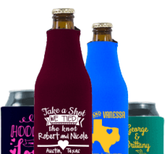 Custom wedding koozies with personalized names and wedding dates
