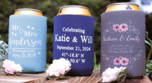 custom wedding koozies with the couple's names and wedding date