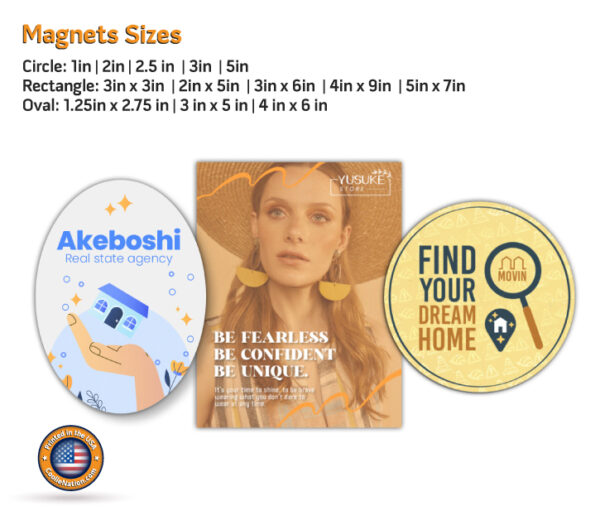 Magnets in various sizes and shapes with text explaining dimensions and sticker options