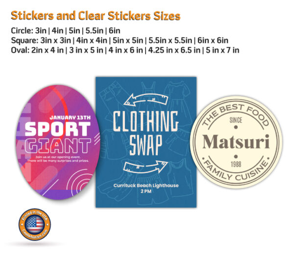 Custom stickers of various sizes and shapes with alongside sizing details