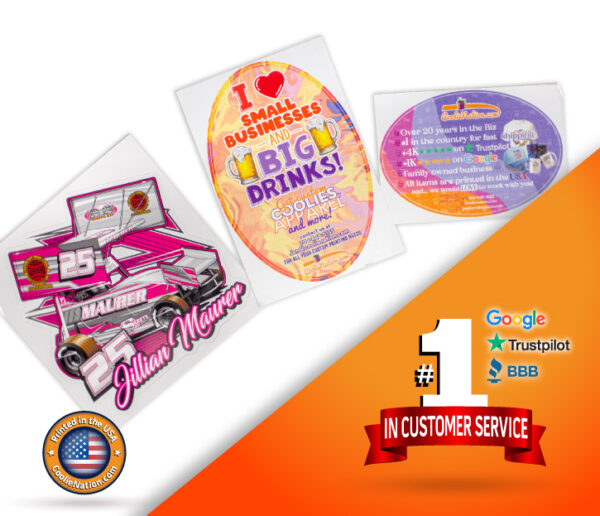 Custom stickers of different shapes alongside the message 'CoolieNation #1 Customer Service'