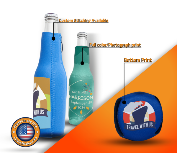 beer bottle koozie with custom color stitching, neoprene material and bottom printed
