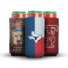 three koozies displaying different Texas-themed artwork