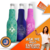 Lady showcasing custom-designed zipper neoprene bottle koozies with lively full-color prints and an array of eye-catching patterns