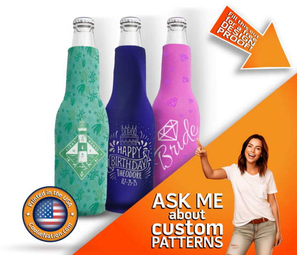 Lady showcasing custom-designed zipper neoprene bottle koozies with lively full-color prints and an array of eye-catching patterns