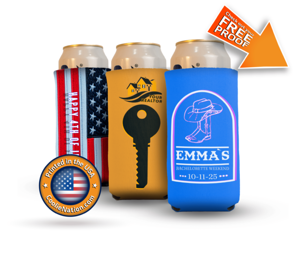 24 ounce beer koozie with custom bachelorette, business and realtor design on them
