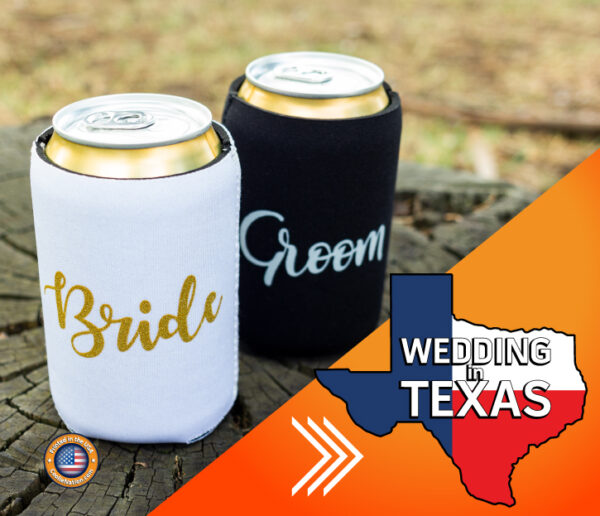 Texas wedding koozies personalized for bride and groom