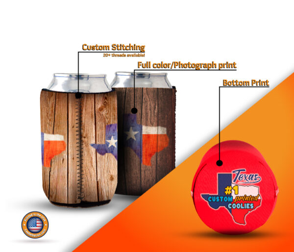 Texas-inspired koozies displayed with attention to print bottom and stitching