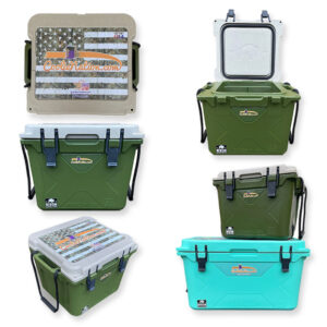 Custom bison cooler in olive, sand and seafoam for outdoor adventures with coolienation logo design on them