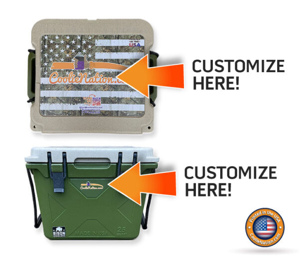 two personalized bison coolers with the text "customize here"