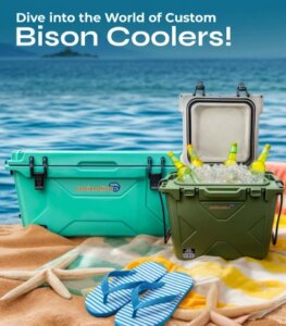 custom Bison cooler in olive and seafoam colors