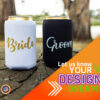 Custom bride and groom koozies in black and white colors for wedding celebrations