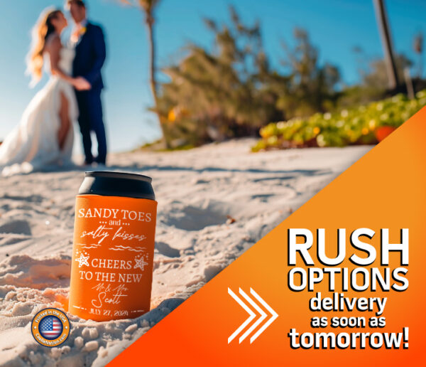 custom wedding beach koozies with romantic wedding phrase