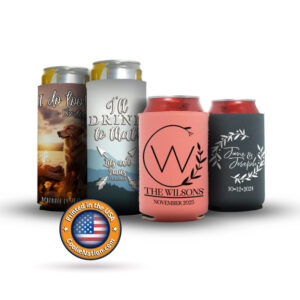 collection of wedding koozies showcasing unique designs