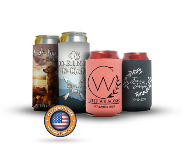 collection of wedding koozies showcasing unique designs