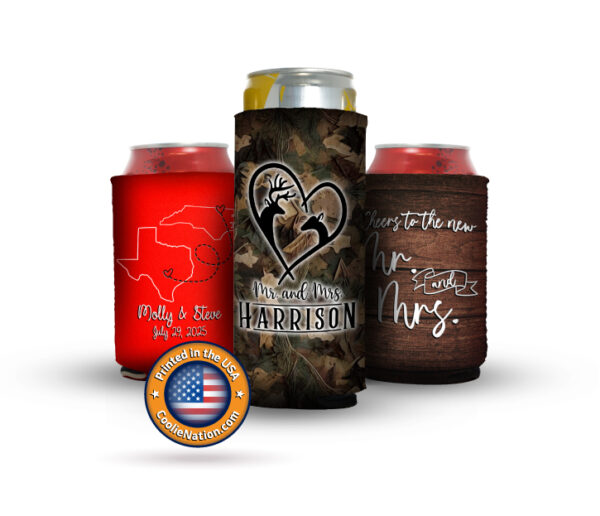 Three koozies personalized with elegant wedding themes