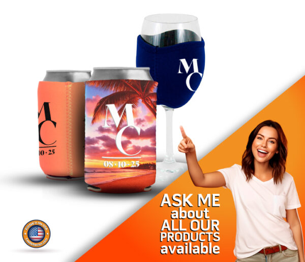 Various wedding-themed koozies with custom designs