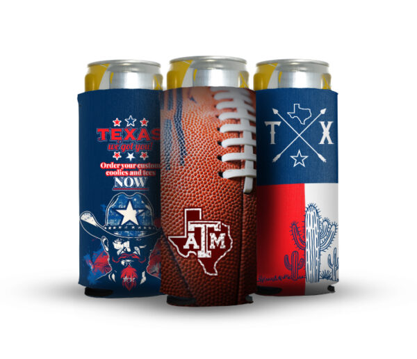 Custom koozies with Texas flag and symbols print