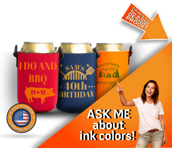 Customizable beer koozie necklace with designs for family reunions, parties, and celebrations