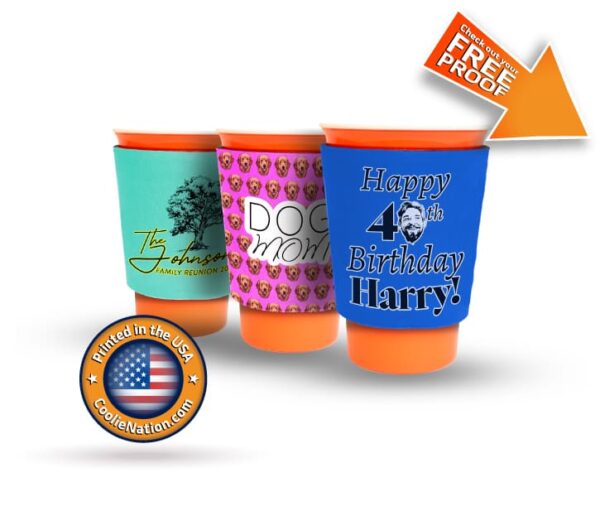 Set of three solo cup koozies with personalized birthday and family reunion themed designs to add a festive and charitable touch to your celebrations!