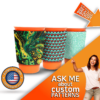 Lady showcasing custom-designed solo cup sleeve koozies with lively full-color prints and an array of patterns.