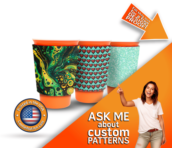 Lady showcasing custom-designed solo cup sleeve koozies with lively full-color prints and an array of patterns.
