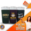Girl showcasing custom-designed pint glass koozies with a variety of patterns, all available for full-color print customization