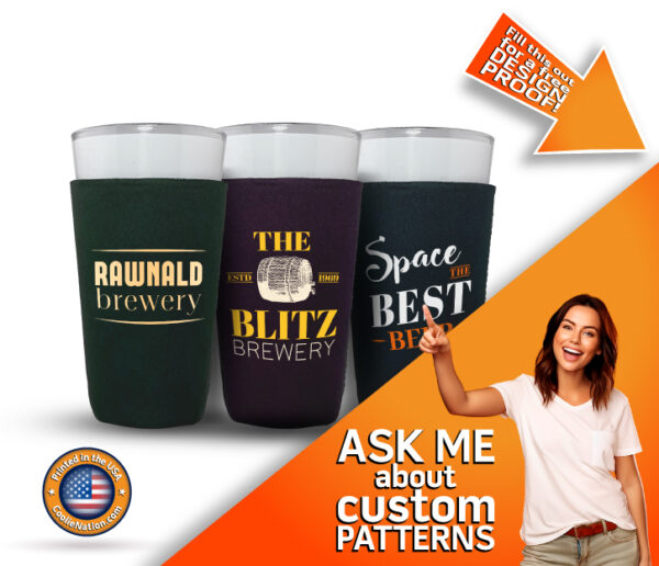Girl showcasing custom-designed pint glass koozies with a variety of patterns, all available for full-color print customization