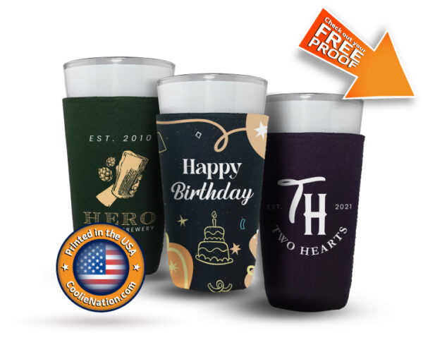 three neoprene pint glass koozies with full-color prints and bottom detailing